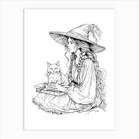 Witch With a Cat Drawing Art Print