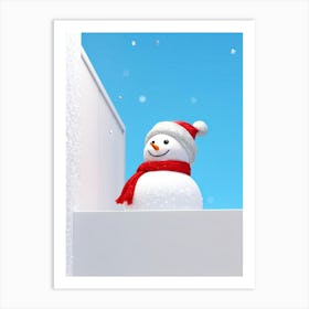 3d Cute Snowman Right Side Peeking From White Wall Red Scarf Hat With Silver Glittery Sequins B 1 Art Print