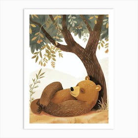 Brown Bear Laying Under A Tree Storybook Illustration 2 Art Print
