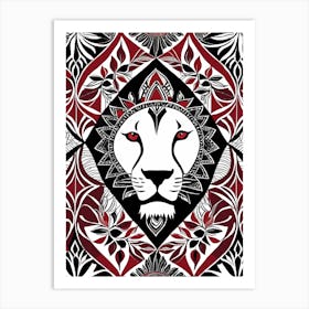 African Quilting Inspired Art of Lion Folk Art, Poetic Red, Black and white Art, 1209 Art Print