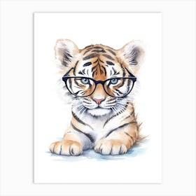 Smart Baby Tiger Wearing Glasses Watercolour Illustration 2 Art Print