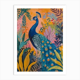 Peacock & The Leaves Painting 4 Art Print