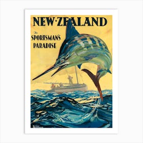 Jumping Swordfish In New Zealand, Vintage Travel Poster Art Print