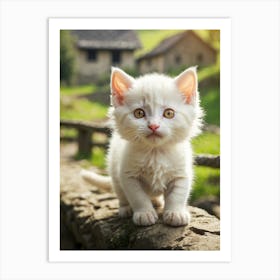 White Kitten On A Stone Wall Art Print