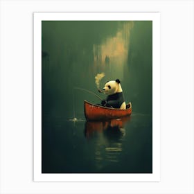 Panda Fishing in Red Canoe Retro Wall Art Póster