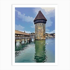 Chapel Bridge and Water Tower, Lucerne. An iconic view of Lucerne's Chapel Bridge and Water Tower, reflecting in the pristine Reuss River. The medieval structure, surrounded by calm waters and lively seagulls, showcases the city’s historical charm under a bright sky. Art Print