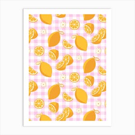 Lemon Pattern on Baby Pink Gingham Art Print