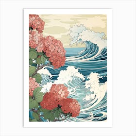 Great Wave With Hydrangea Flower Drawing In The Style Of Ukiyo E 2 Art Print