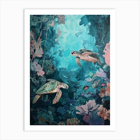 Sea Turtles With A Coral Reef Expressionism Style Painting 9 Art Print
