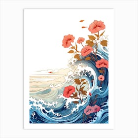 Great Wave With Morning Glory Flower Drawing In The Style Of Ukiyo E 2 Art Print