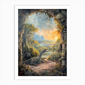 Dinosaur In A Cave At Sunrise Painting Art Print