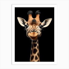 Funny cute Giraffe Portrait isolated on black background Art Print