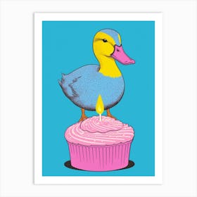 Birthday Duckling Blue Modern Illustration 3 Art Print