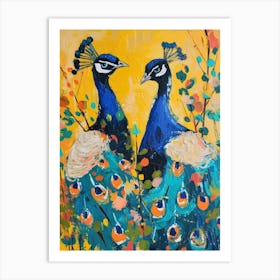Two Peacocks Colourful Painting 2 Art Print