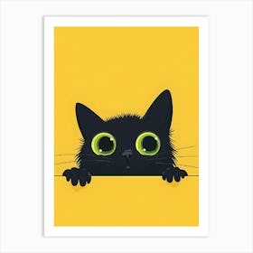 Black Cat Peeking Over Yellow Wall Art Print