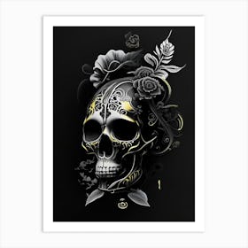 Skull With Floral Patterns Yellow Stream Punk Art Print