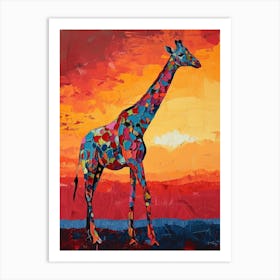 Giraffe In The Red Sunset Brushstroke Style 2 Art Print
