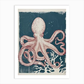 Detailed Octopus On The Ocean Floor Linocut Inspired 6 Art Print