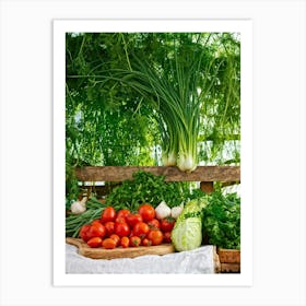 A Tranquil Domestic Garden Overflowing With Vibrant Vegetables Gleaming Tomatoes Peep From The Le (4) Art Print