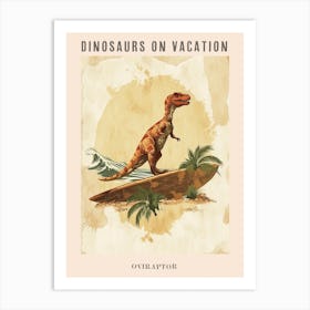 Vintage Oviraptor Dinosaur On A Surf Board 1 Poster Art Print
