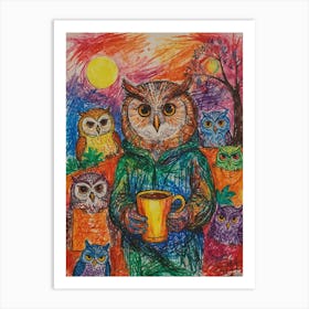 Owls And Coffee Art Print