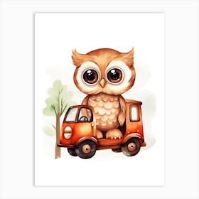 Baby Owl On A Toy Car, Watercolour Nursery 0 Art Print