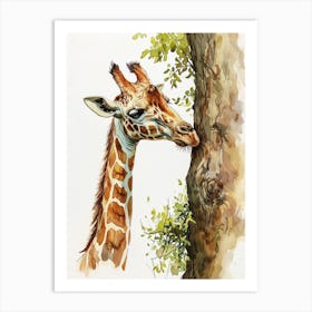 Giraffe By The Tree Watercolour 2 Art Print