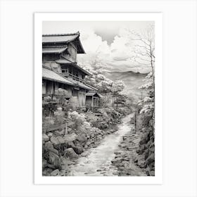Shirakawa Go In Gifu, Ukiyo E Black And White Line Art Drawing 3 Art Print