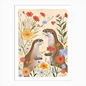 Folksy Floral Animal Drawing Otter 3 Art Print