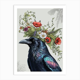 Crow With Flowers Art Print