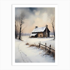 Rustic Winter Oil Painting Vintage Cottage (17) Art Print