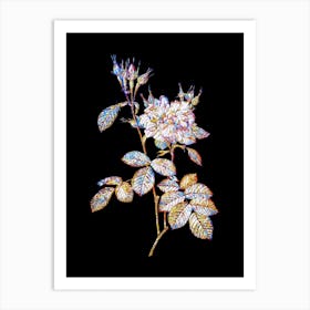 Stained Glass Autumn Damask Rose Mosaic Botanical Illustration on Black n.0356 Art Print
