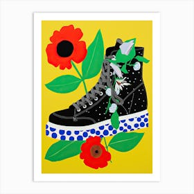Floral Footwear Fiesta: Shoes Adorned with Daisies and Poppies Art Print