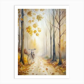 A Foggy Forest Trail Golden Leaves Falling Gentl (1) Art Print