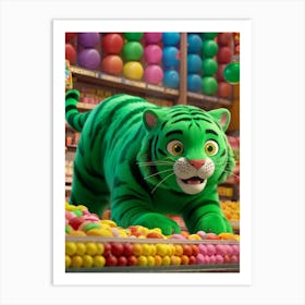 Happy Green Tiger With Yellow Eyes Dimensions Reduced For A Charming Effect Whimsically Attempting Art Print