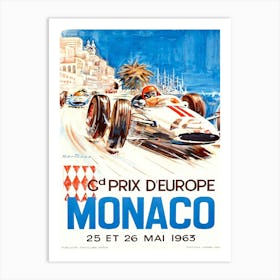 Vintage 1963 poster Monaco Grand Prix held annually in the streets of Monte Carlo. Art Print