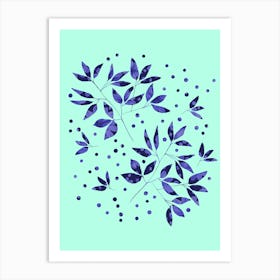 Floral Branches Blue Pattern On Mint Art Print