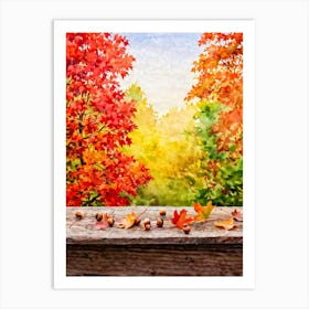 Autumnal Tableau In Vibrant Watercolor Leaves In Shades Of Crimson Orange And Gold Aflutter Amids (1) 2 Art Print