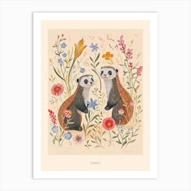 Folksy Floral Animal Drawing Ferret Poster Art Print