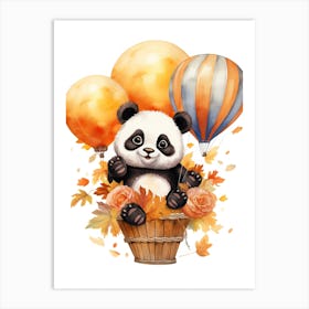 Panda Flying With Autumn Fall Pumpkins And Balloons Watercolour Nursery 3 Art Print