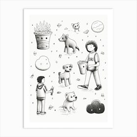 Dog People Black And White Line Art Art Print