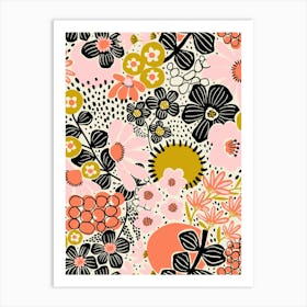 Asian Florals Pink Orange Black White Abstract Pattern Art Print