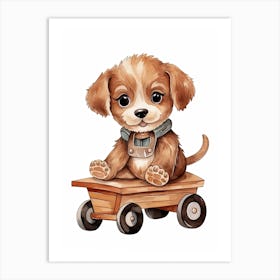 Puppy On A Toy Car, Watercolour Nursery 3 Art Print
