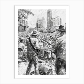 Live Music Scene Austin Texas Black And White Drawing 2 Art Print