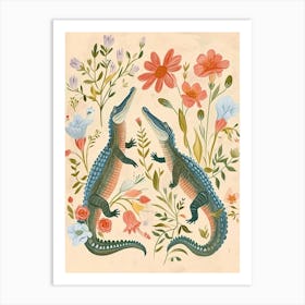 Folksy Floral Animal Drawing Alligator 2 Art Print