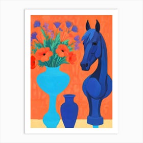 Blue Horse And Vases Art Print