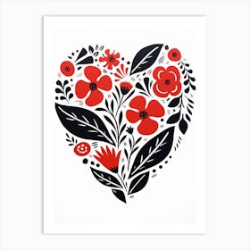 Heart Red & Black Linocut Style White Background 1 Art Print