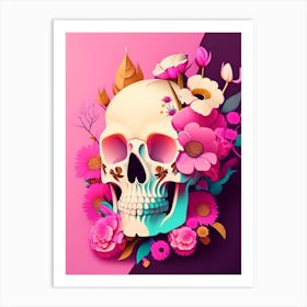 Skull With Pop Art Influences Pink Vintage Floral Art Print