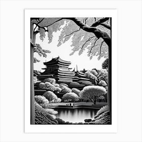 Osaka Castle Park, Japan Linocut Black And White Vintage Art Print