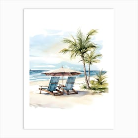 Watercolor Beach Chairs And Umbrella Art Print